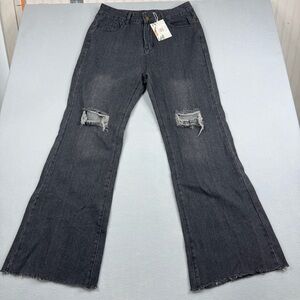 The Copper Closet Distressed Flare Jeans Gray Wash Raw Hem Boho Medium